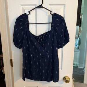 Madewell Navy Blouse with Patterned Detail